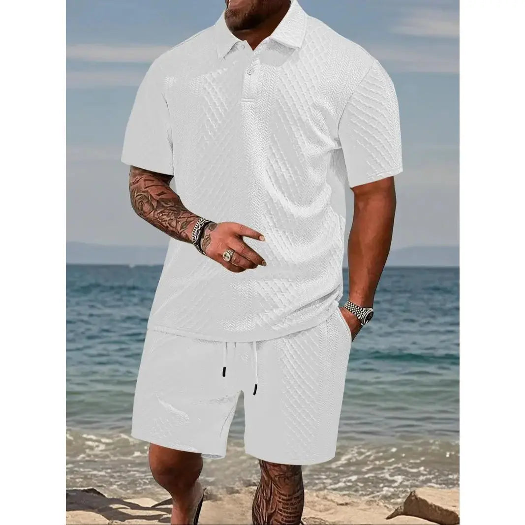 White men's polo shirt and drawstring shorts set